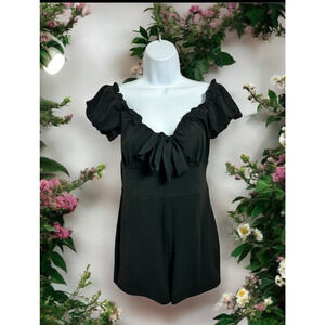 Shein Black Romper Shorts Sz Small Off the Shoulder Front Tie 2.5" Inseam